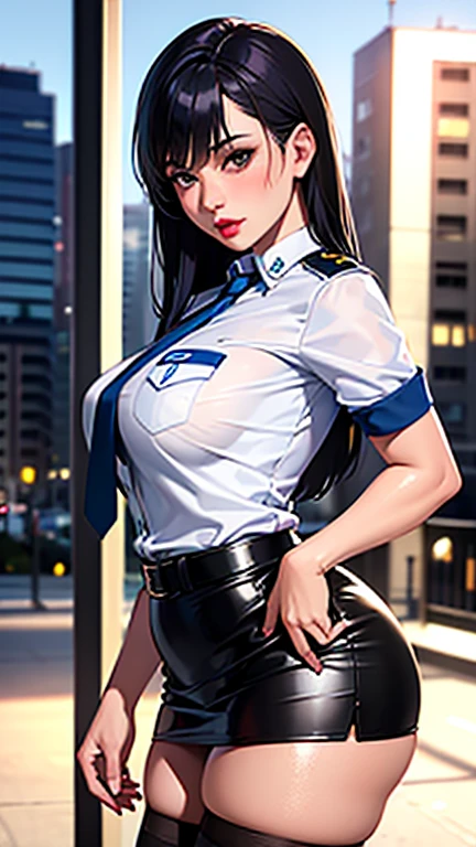 Female Boss,Years on,Black Hair,Droopy eyes,Gentle face,Large Breasts,Cleavage,Jacket, White shirt, belt, uniform, Blue Skirt, army, formal, blue Jacket,Pencil Skirt,Fishnet tights,Purple intricate lace and lingerie