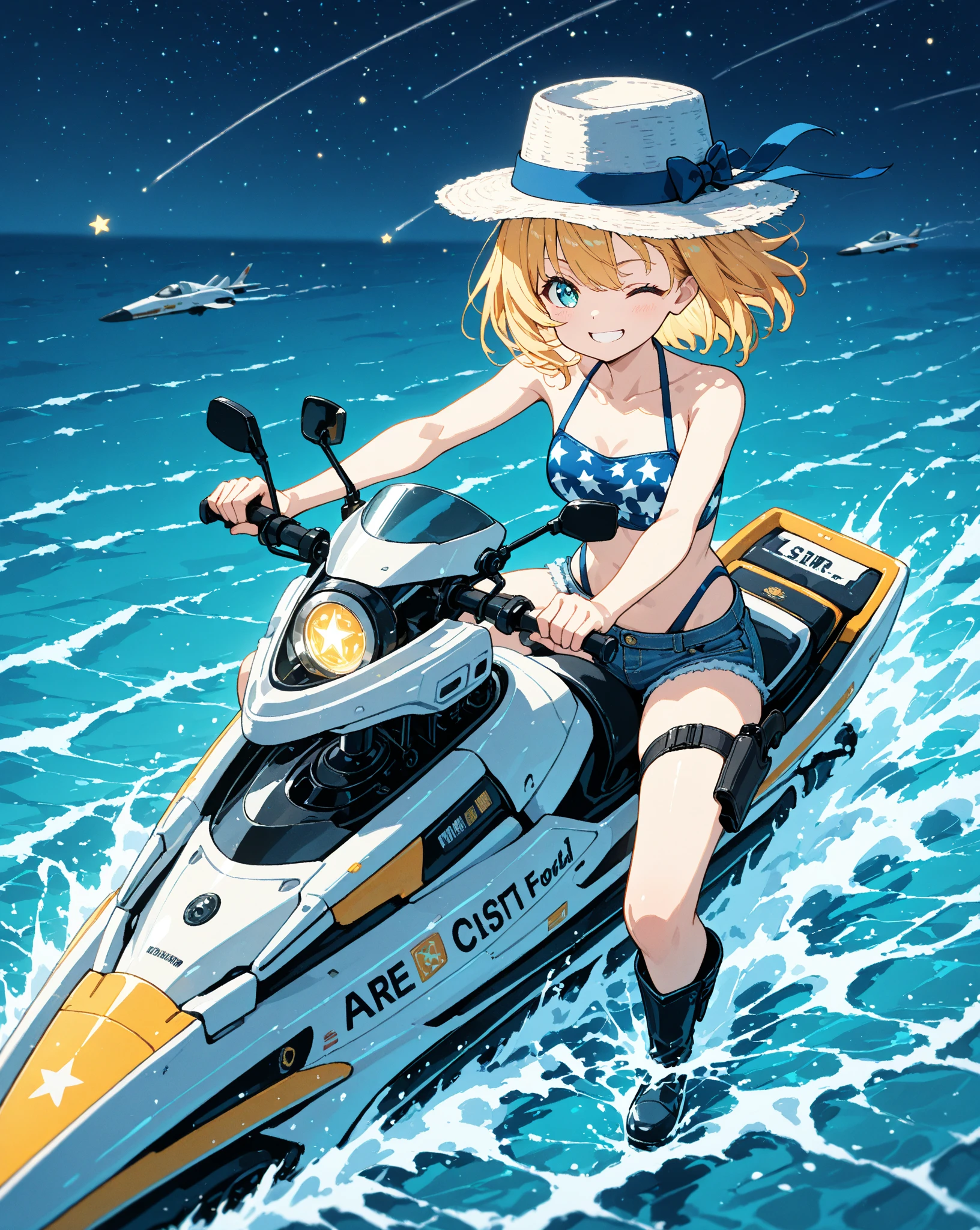 ((8k, best quality, master piece: 1.3)),super high resolution,(1 girl, solo), (colorshift eyes, hyperdetailed, expressive sparkling, glitter, glowing eyes), ultra detailed eyes, ultra-detailed face, random hair, ((pastel color)),A woman enjoying a jet ski in the sea. In the background, the blue sea and clear blue sky can be seen, and in the distance, a resort landscape with white sand and swaying palm trees spreads out. The sea surface is calm, and the sunlight reflects off it, making it sparkle. A few white clouds are floating in the sky, creating a refreshing summer atmosphere. The woman is riding a bright red and white jet ski, and it looks like she is enjoying the feeling of speed. She is wearing a vivid colorful bikini, with a neon pink top and a turquoise blue bottom design. The bikini is embroidered with a floral pattern, creating a summery pop atmosphere. Her feet are bare, and water is splashing at her feet. Her hair is shoulder-length and bright blonde, illuminated by the sun. Her hair is blowing in the wind, giving the impression of movement. Sports sunglasses are on her face, and a happy smile can be seen. Her makeup is natural, and there is a slight healthy tan. A waterproof sports watch is on her wrist, giving the impression of activity. She grips the handlebars of a jet ski tightly as she speeds across the ocean. Spray and white water can be seen behind her. Other jet skis and boats can be seen all around, creating a vibrant seascape. The shot is angled to show her upper body and the entire jet ski, with the vast blue sea and sky and resort scenery in the background. The details of the jet ski, the water splashes, her outfit, accessories, and the movement of her hair are all depicted in great detail, and the overall image conveys the active fun of summer and her energetic demeanor.