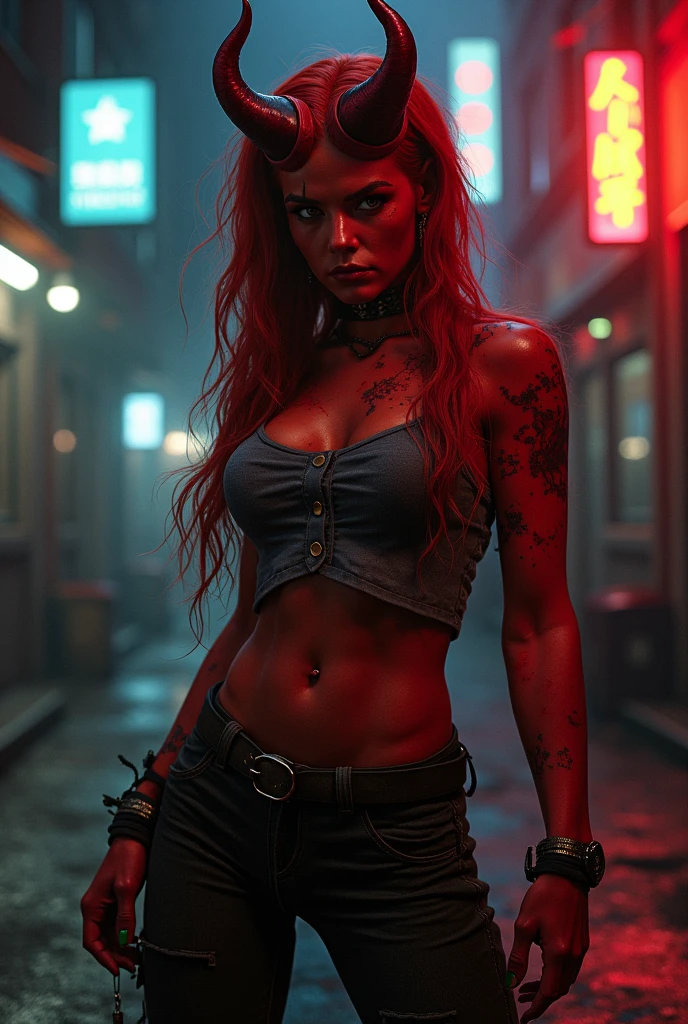 magra horror punk  (cabelo moicano) in a graveyard, night, red neon lights, misty background
crooked graves, deserted, night,
fishnets, bondage straps.
shadows, desolate, sad
red light, red ray tracing, red glow, short mohawk hair, clear perfect face.