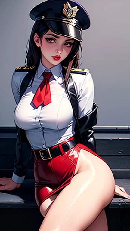 1 Girl, long black hair, bright red eyes, light skin, pink lipstick, Yumeko Jabami, black jacket with red details and open zipper, black bra, black shorts with red details, striped stockings, high sneakers, full body, Yumeko looking The spectator, with blushing cheeks.