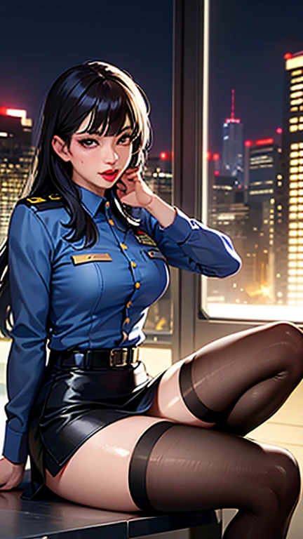 Solo, (Police Uniform, Policeman), Stockings, City Lights, (Looking at the audience: 1.3), Lips Apart, Red Lips, Shiny Skin, Skin Dents, Best Quality, Ultra High Resolution, bulge in pants, dick, cock