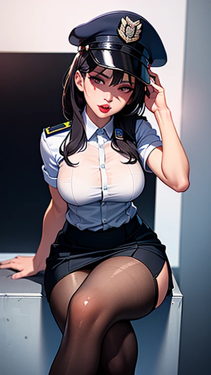 ((Highest quality)), ((masterpiece)), (detailed), One girl,(Police Officer),(police officer),25-year-old woman,White shirt,The shirt buttons are open,I can see the valley,See-through,(Navy blue mini skirt),short hair,(Looking into the valley from above),,((slouch)),(The underwear is barely visible),(Naughty expression),((Girl looking up)),((Excited look)),Underboob,(Underboob持ち上げ),Standing back,Clothed sex,(on the train),Browsing Caution,NSWF