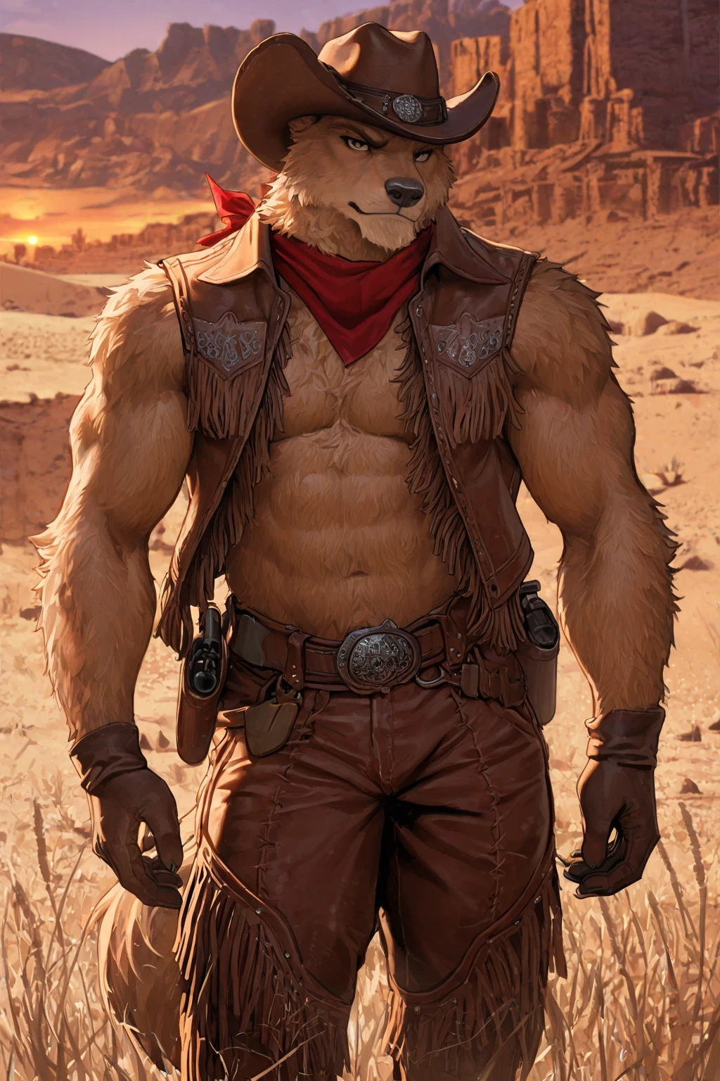 a muscular adult male fox, lone vaqueiro in a cinematic and photorealistic old west setting, with piercing blue eyes, handsome 34 year old gay pornstar actor from XVideos (penis, balls, big penis), detailed face, muscular body, solo, outdoor, cowboy outfit, rugged, cinematic lighting, photorealistic, hyperdetailed, 8k, high quality
