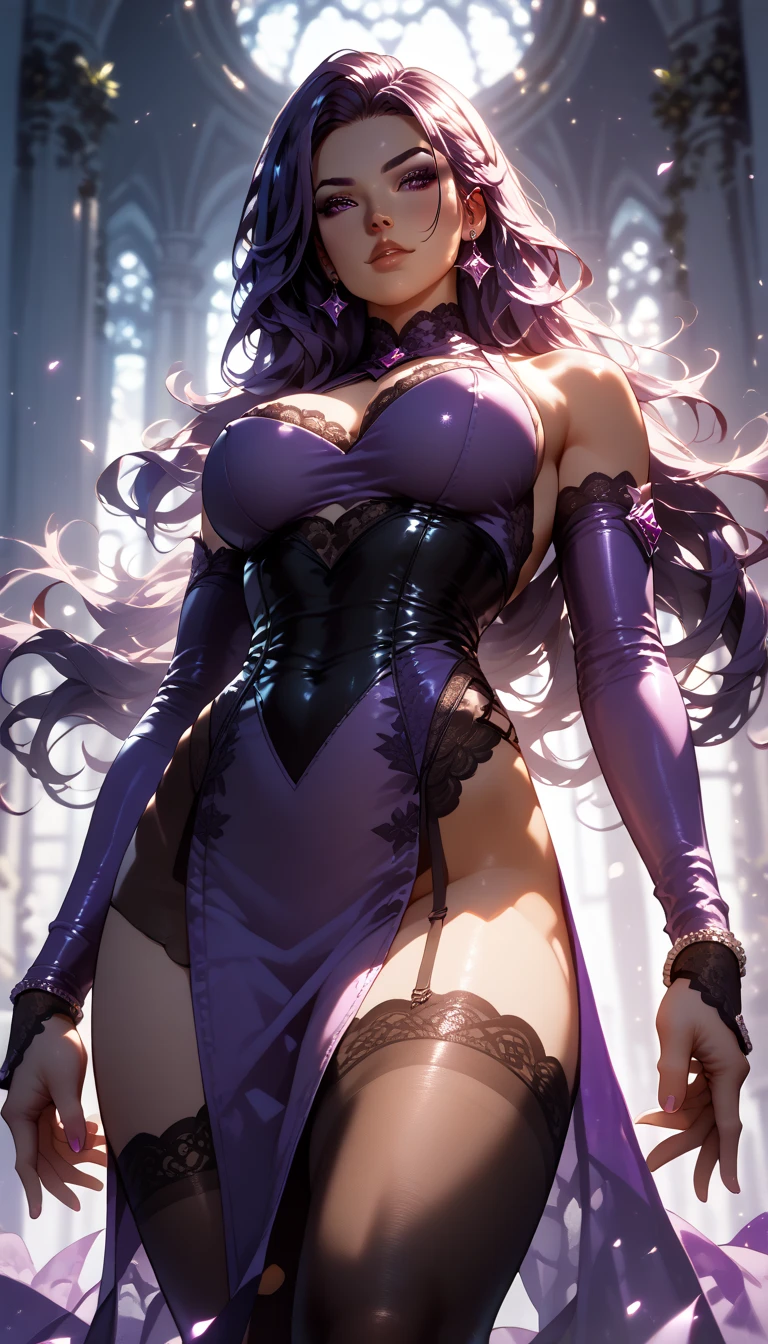 (masterpiece), best quality, intricate details, ultra details, ultra quality, rule of third, (looking at viewer), detailed face, detailed iris, glossy lips, 1girl, solo, long hair, purple eyes, hair between eyes, purple hair, hair intakes, bangs, :D, (full body shot), pink dress, outside, field of flowers, dancing (better hands)