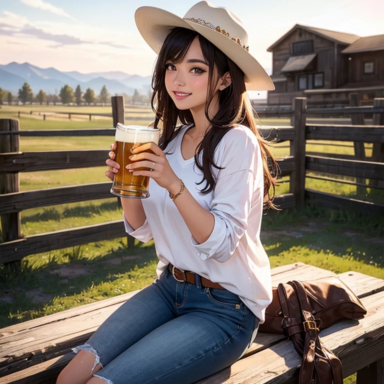 (((best super touching、super highest quality、32K、Highly detailed CG Unity 32K wallpaper、ticker、Raw photo 1.3、very noisy々new image、very noisy々New image quality、Photoreal 1.4、Highest quality 1.3、Super detailed 1.2, small details, High resolution, wall , perfect dynamic composition, masterpiece, surreal, 32K, real human being、)))、sexly farm girl with straw cowboy hat standing in a mountain valley, tanned skin, long blonde hair, Cut-off jeans shorts, athletic and healthy body, thin, frivolous, sexly, big , cleavage, Wet white tank top, sunset, dynamic ,table with beers glass