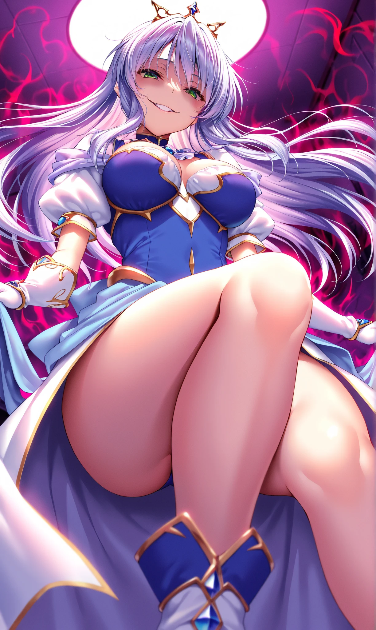 「best quality:1.2、highres、Super detailed、Realistic:1.45,2 girls、1 penis、white hair、sparkling eyes、cropped top、skirt、Detailed outfit that shows your style、big breasts(size F)、Realisticな特徴を持つ22歳の美しい女性、parted lips、white teeth、beautiful pink nipples、Detailed、shaved pussy、slender and beautiful legs、blush、Bright colors、soft lighting、Etheric atmosphere、delicate details、romantic、dreamy blowjob、open leg、spread your legs、I can hold one leg in my arms、M-shaped legs、Confinement room background、both hands are handcuffed behind the back、first round、be shackled、Drooping、big smile、