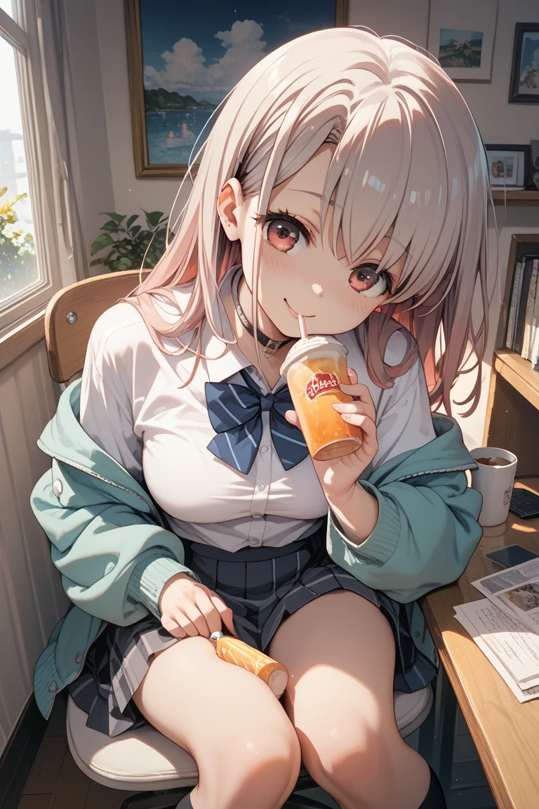 Highest quality、masterpiece、beautiful、Detailed、Age: 12、Cafeteria、dynamic pose、sit astride、open legs、in heat、(covered erectile nipples:0.6)、Taking a bite of melting soft serve ice cream、(Cream on thighs:1.4)、cream on スカート、wearing スカート