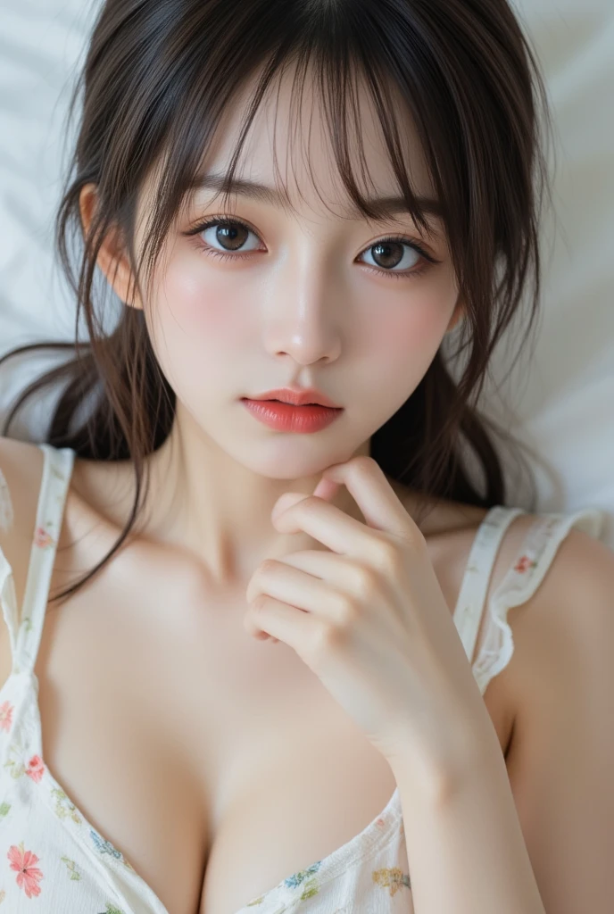 un primer plano de una mujer con un sujetador blanco sosteniendo un dedo en sus labios, muchacha coreana, ulzzang, hermosa mujer surcoreana, chica linda-cara-fina, preciosa cara delicada, hermosa joven coreana, hermosa joven coreana, sakimichan, pale korean adorable face, Young cute pale asian face, joven y adorable rostro coreano