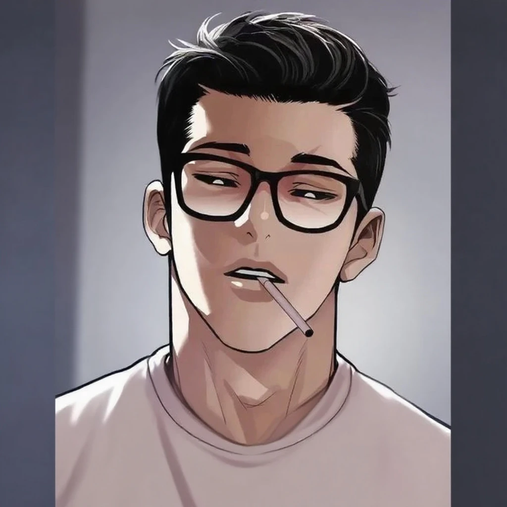 Create a digital illustration of a young man with an intense, brooding expression. He has injury between eyes. He should have sharp, angular features, short black hair styled in a modern quiff, and thick, dark eyebrows. Include large, square-framed glasses that dominate his face. The man is smoking a cigarette, with wisps of smoke curling upward. His gaze is directed slightly to the side, giving him a contemplative air.