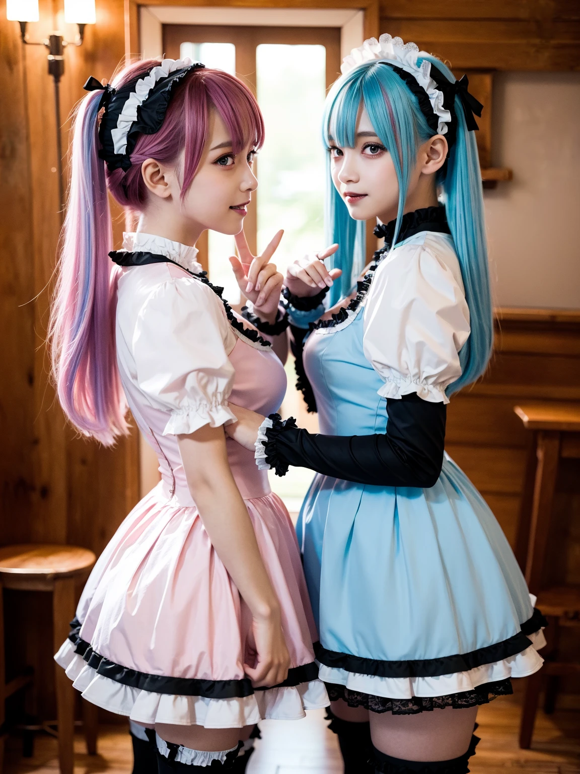 Two junior high school students kneeling in stockings host the show, Little girls，Pink double-tailed hair and cyan eyes，Anime little girl in servant costume，The little girl cocked her ass，Be red in the face
