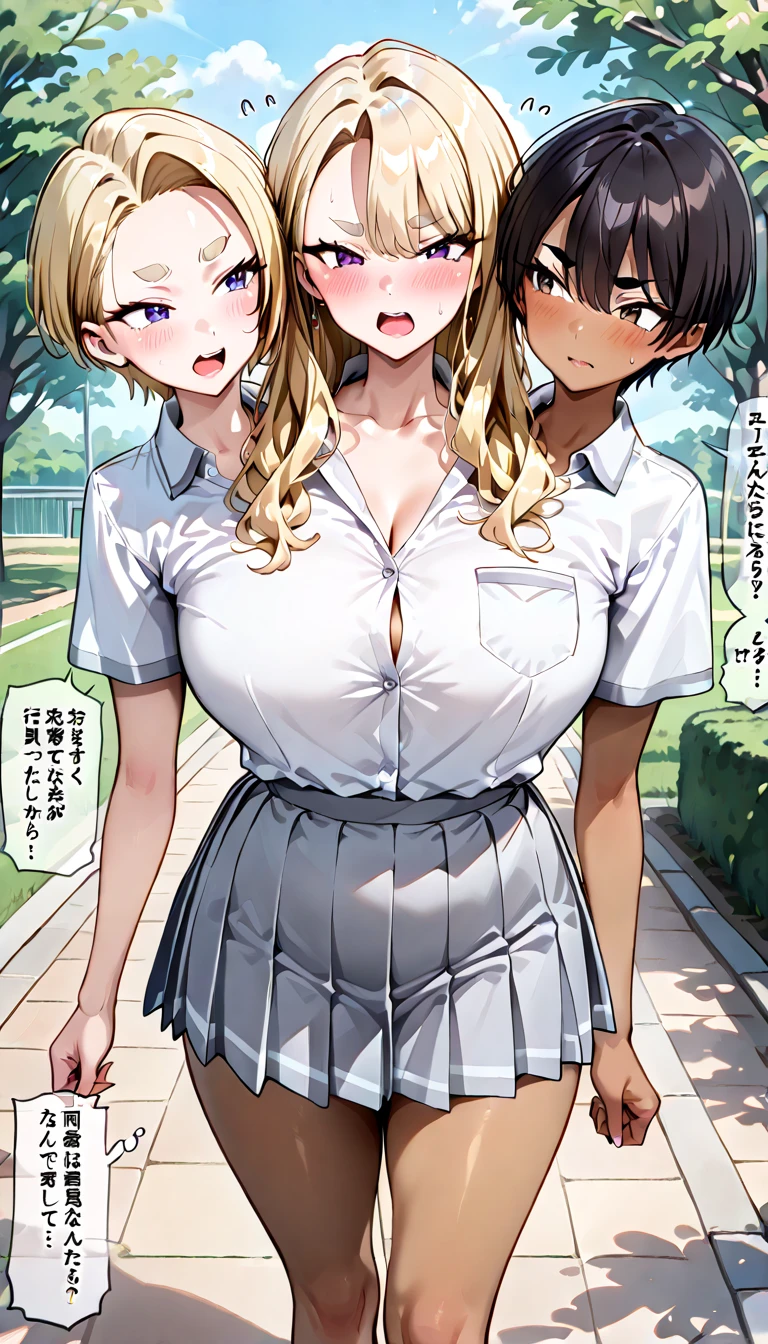 (masterpiece, best quality:1.2), JK,huge tit,age difference,blush,bow,breasts,girl sandwich,long hair,multiple girls,pleated skirt,sandwiched,,short sleeves,skirt,2girls,1boy,hug,male ???