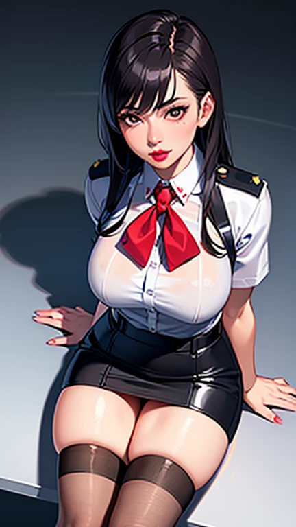(1female body builder:1.37), masterpiece, best quality, illustration, ultra-detailed, finely detail, highres, 8k wallpaper, perfect dynamic composition, beautiful detailed eyes, natural lip, (((wearing a red sexy police shirt:1.37, short skirt:1.3))), medium breasts:1.25, lovely look:1.3, white skin, pale skin, oily skin:1.3, shiny skin, Caucasian, shiny-black thin hair, side-under-cut-hair-style, hands between legs, kneeling on bed, spread legs, (showroom effect, staged compositions, polished presentation, sleek visuals, idealized environments, aspirational design, bedroom), incoming, sunset, upturned eyes, attractive posing, perfect human anatomy, perfect proportion,