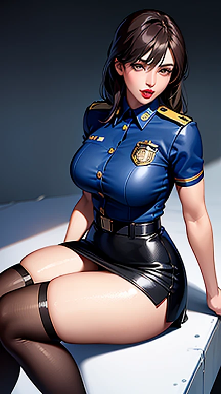 Photorealistic, high resolution, A Japanese Police woman named Kimmi, solo, heavy makeup, Hips up, (Detailed face), Black hair, Long hair, Red and White corset and Red lace Panties , white micro skirt, Ripped Stockings. Fully clothed. Home room setting
