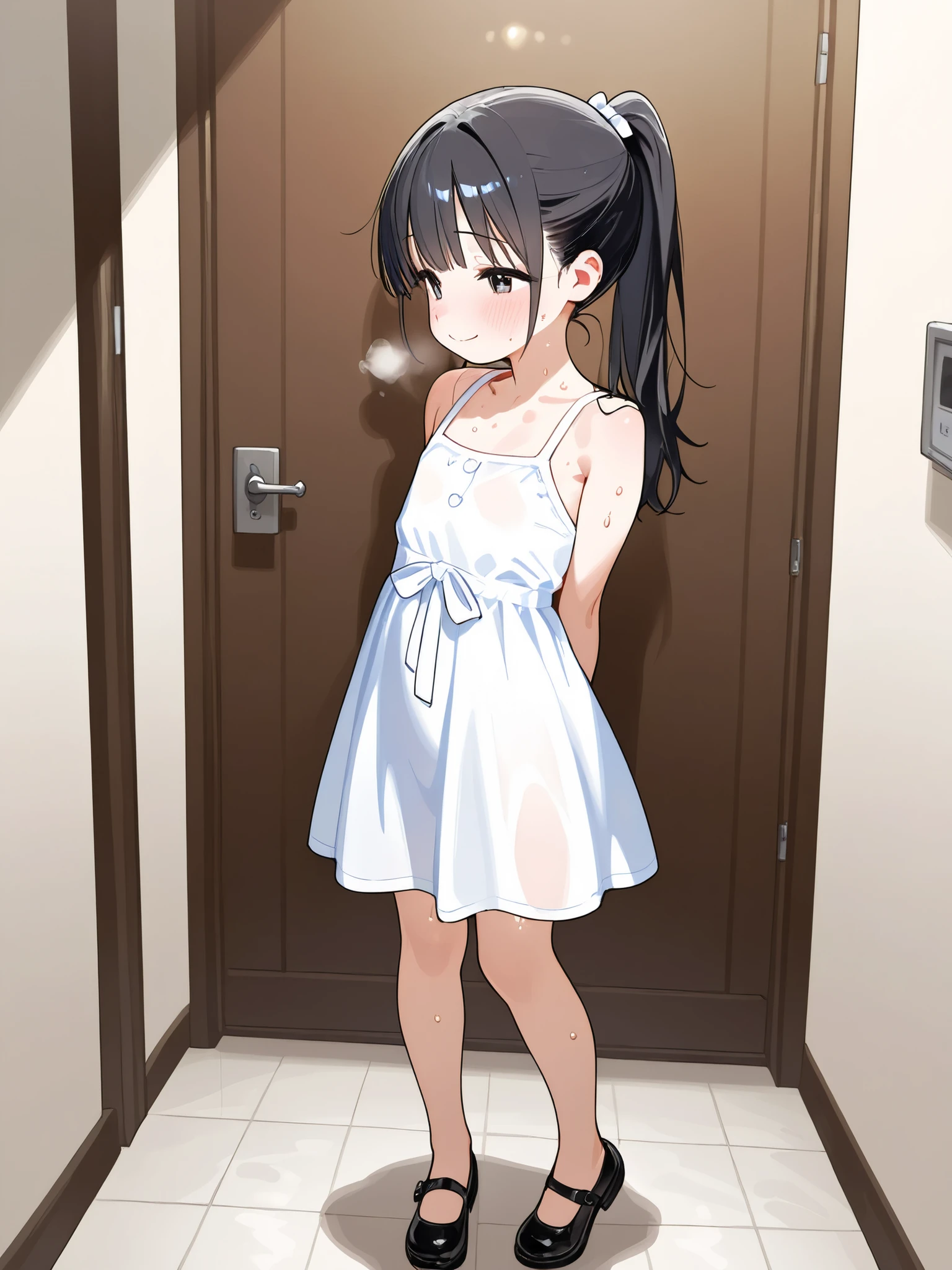 top quality、High Definition、elementary school student、younger sister、flat chest、Chest、Chestを摘まむ、Highly Exposing Dress、shyly、Prejudice 、sweated、sweaty、Smile Yan、black hair、long hair、ponytail、(Breathing)、and look, jaws to be fertilized、Show your neck、Movement Illustration, Her Profile 、Shy、Embarrassing、Full Body、low angle、Dutch angle、from below、