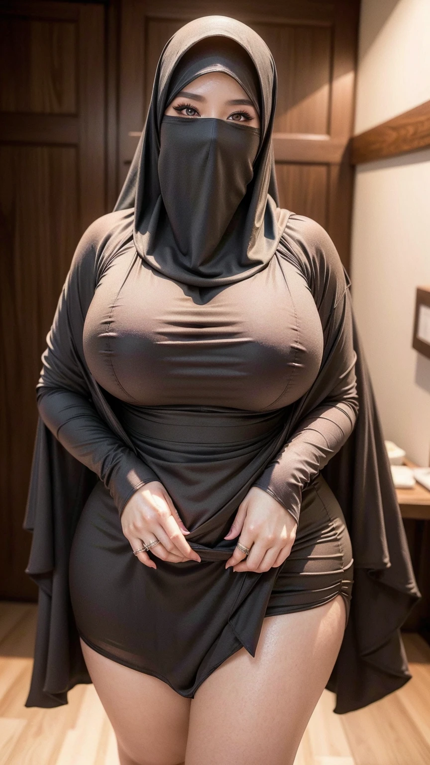 8K, high quality, nice lighting, soft lighting, detail fingers, perfect hand, realistic, dark eyes, sexy, big breasts, thighs, wide hips, muscular, malaysia, black dress, long sleeves, Jewelry, sexy lady, asian, hijab, niqab, sexy pose, showing big thighs, nice body, natural largest breast, wearing wedding rings, hand sock, office girl, mature big body, sexy posing, white high heels