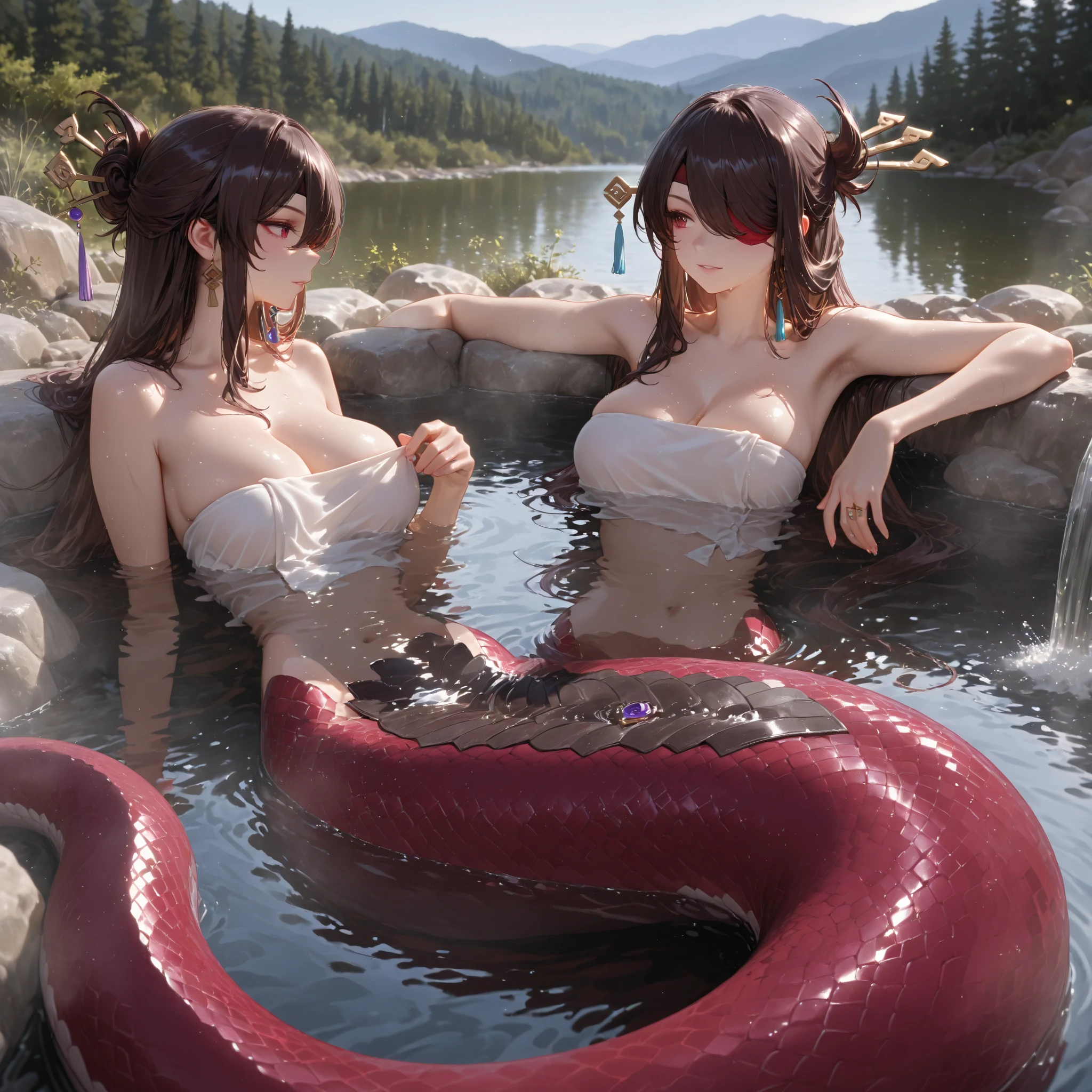 Female elf，Large breasts，Drenched hair，The background is a hot spring，Lazy expression