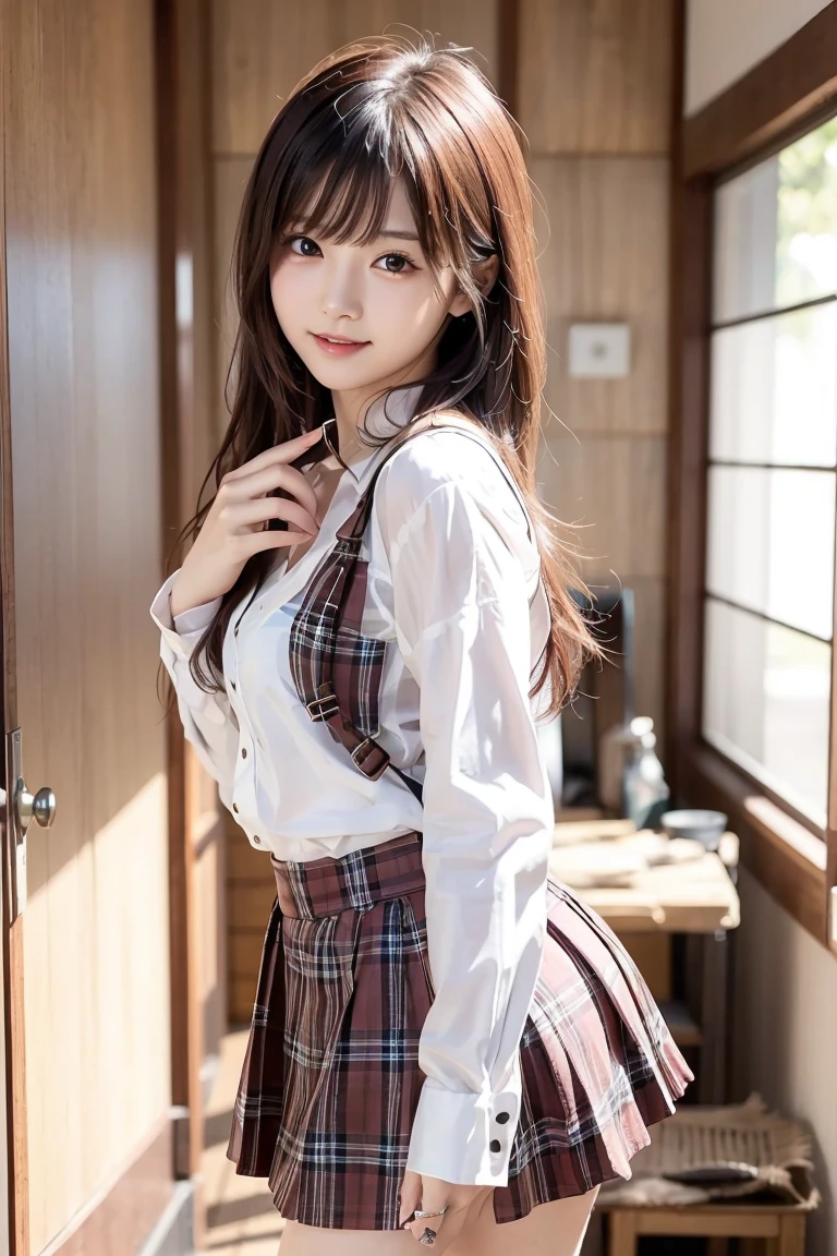 top-quality、Top image quality、​masterpiece、Photos showing the whole body、18yo woman, hi-school girl、blazers、checked skirt、dark brown hair、waved hair、Middle Long Hair、bangss、Puffy nipple、Medium milk, cute smile face、(((sit on stairs、open one's legs、Open knees)))、(Emphasis on the chest)、sexy hips、stairs at school、early evening、Photo from below、(((Skirt flipping in the wind、I can see all my panties)))、Pink panty、Photos showing the whole body