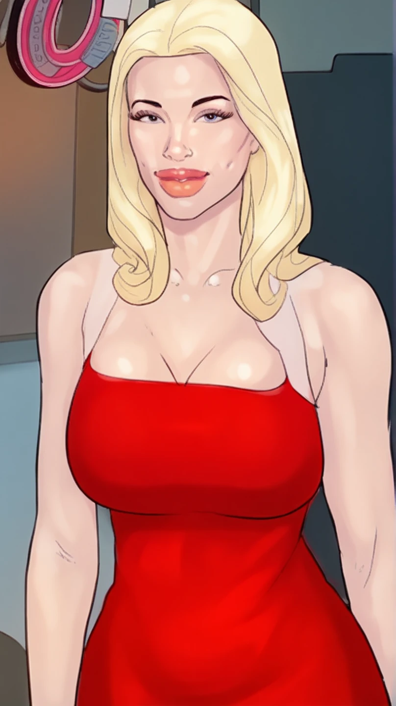 Thin woman, Scarlett Final Fantasy, beautiful smiling, seducing gaze, red dress with v-neck, necklace with cylindrical blue jewel, black belt, skin fair, blonde hair with a pony tail, blue colored eyes, busty. comic style.