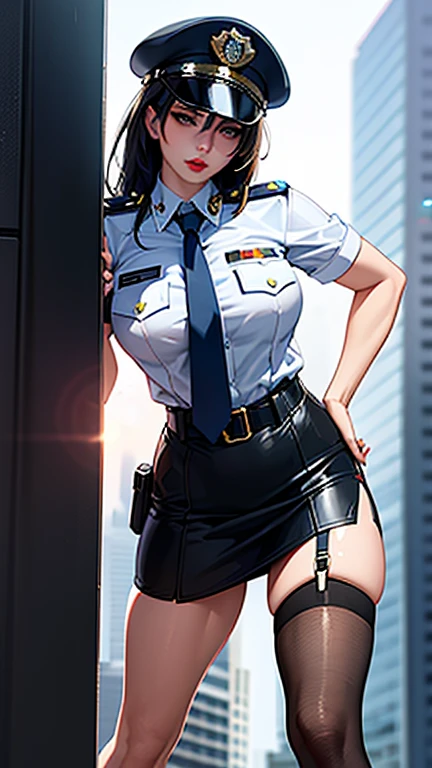 A photo of a busty female police, police hat, sitting on a chair, in an office cubicle, seductive expression, cleavage:1.2, unbuttoned shirt, side view, (detailed skin complexion:1.2), best quality, deep color, complex shading effect, natural lighting effect, ambient occlusion, highly detailed textures