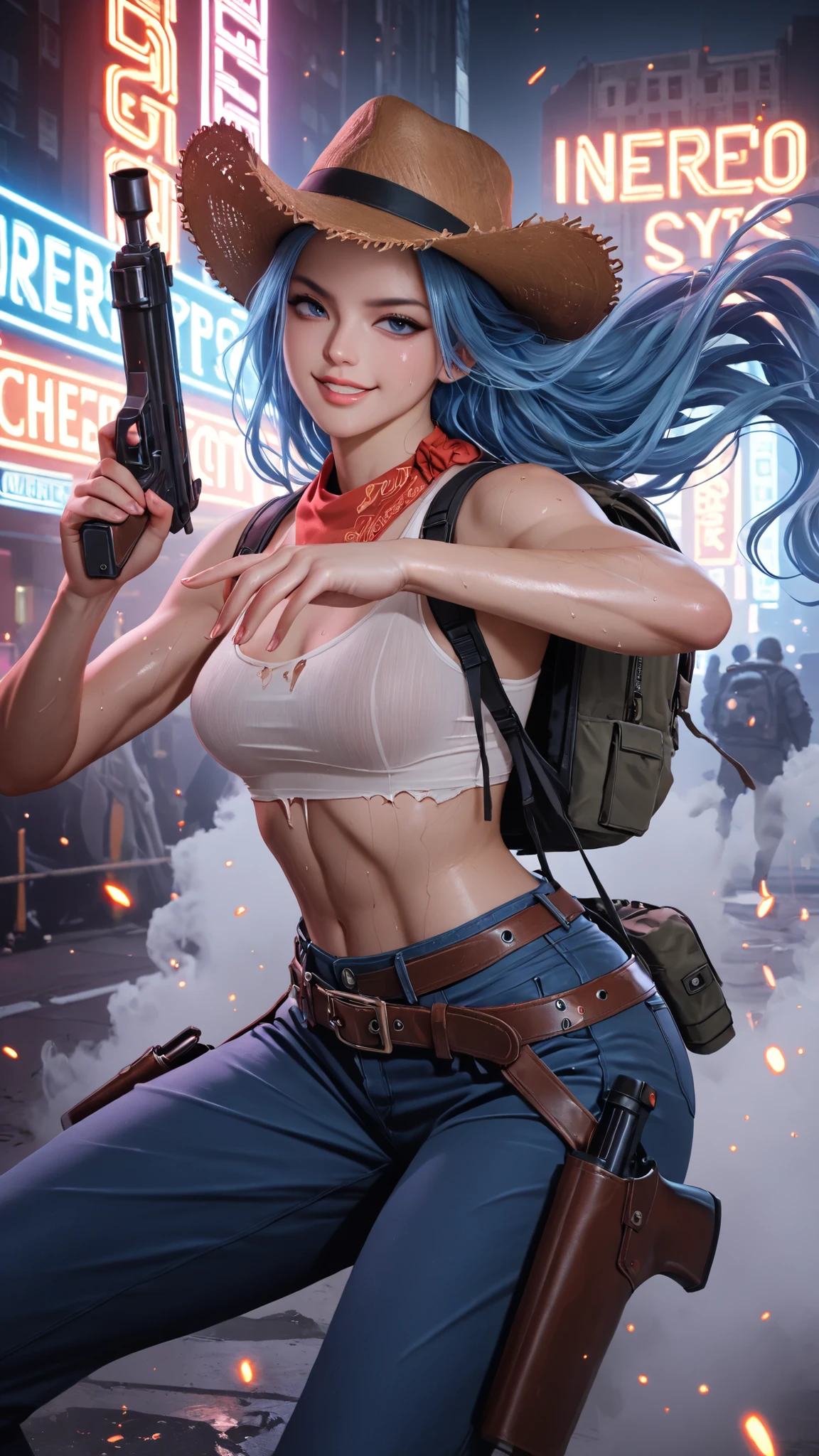 JinxLol, female, 1girl, solo, blue hair, looking at viewer, navel, gloves, fingerless gloves, character name, midriff, bare shoulders, gun, crop top, belt, outdoors,postapocalyptic city background, sunset, (Detailed Hands and Fingers)
