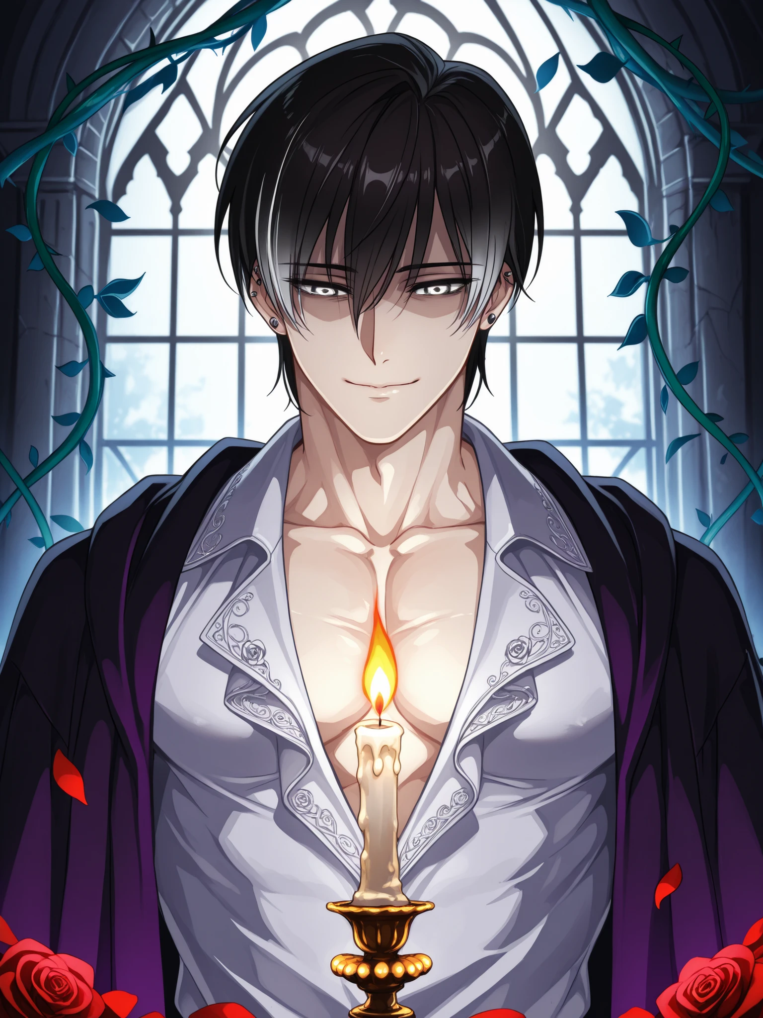 ((upper body)), ((short hair)), ((muscular male)), mature male, ((Handsome man)), late 20s, immaculate dark hair with silver streaks, piercing warm eyes that hint at danger, dressed in a dark open-collar shirt and a velvet robe embroidered with thorn vines, subtle pheromone mist drifting around him, faint rose petals scattered on the ground, soft smile that feels fatherly and unsettling at the same time, standing in a candlelit garden sanctuary with twisted roots and creeping vines, gothic atmosphere, cinematic portrait, ((solo)),