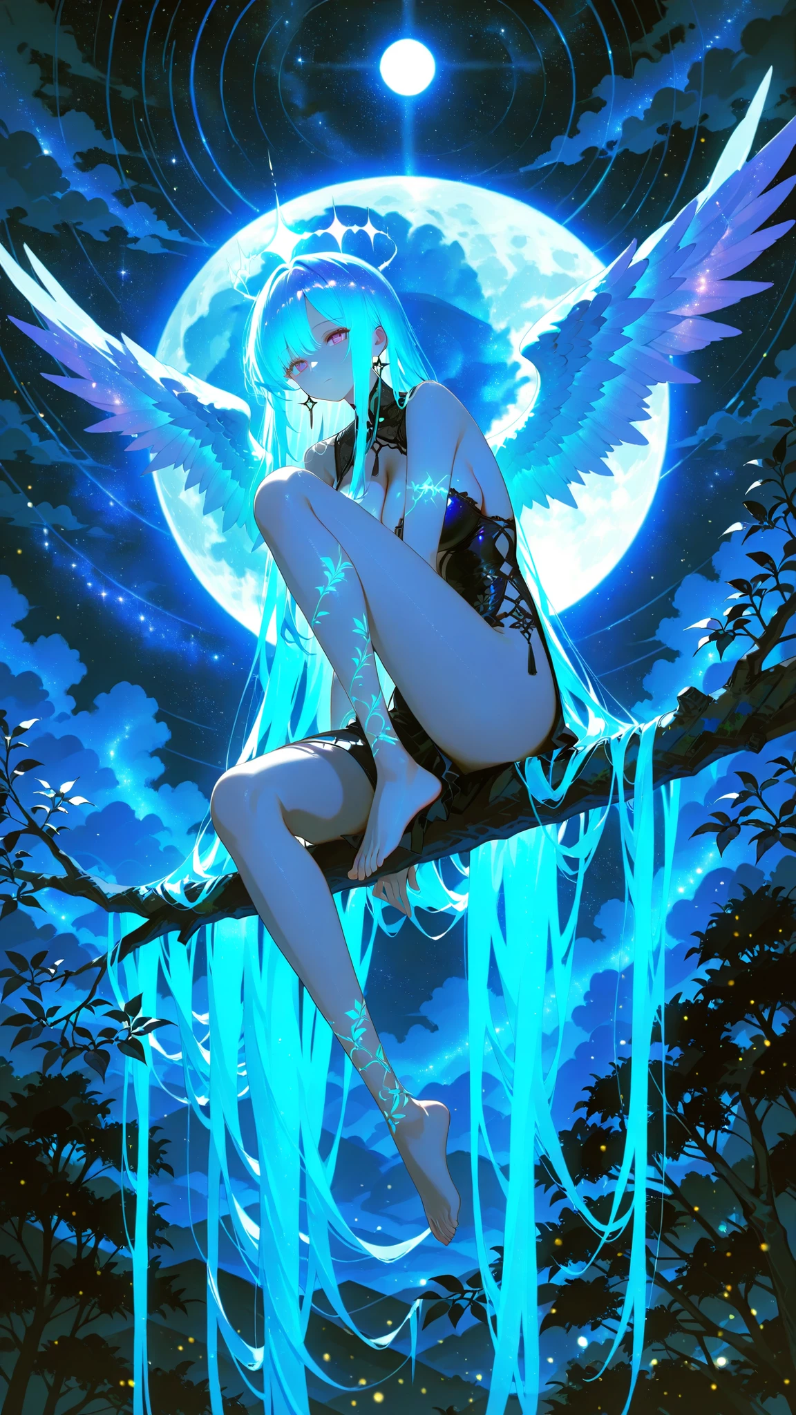 Refined Realistic Style(0.8), Master Level,Extreme Details,Professional Post-Processing,Masterpiece,anime style(1.2),best quality,high resolution,8K,Surrealism 1 Girl,Kpop idol,Very long hair,fluttering hair,glowing hair, Night view,Moon in the Sky,Purple,starry sky,fantastic atmosphere,Glowing Edges,Mystery,High Contrast,Ethereal light,sits on a branch,light particles,b Moonlight Effect,barefoot, Wings made of light