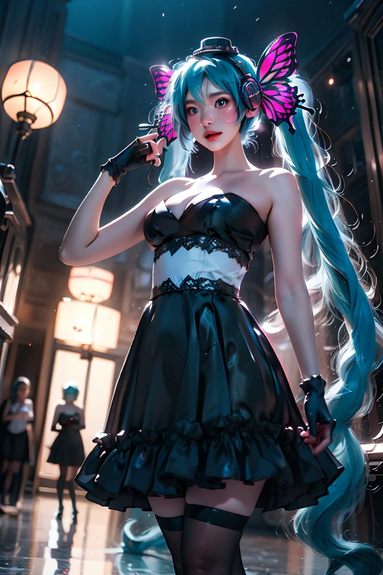 a girl, light blue hair, Hatsune Miku style hair, blue eyes, 20 years old, in berlin, modern city, accessories, sculptural body, best quality, masterpiece,gothic style clothing, big breasts, long vampire dress, anime style 
