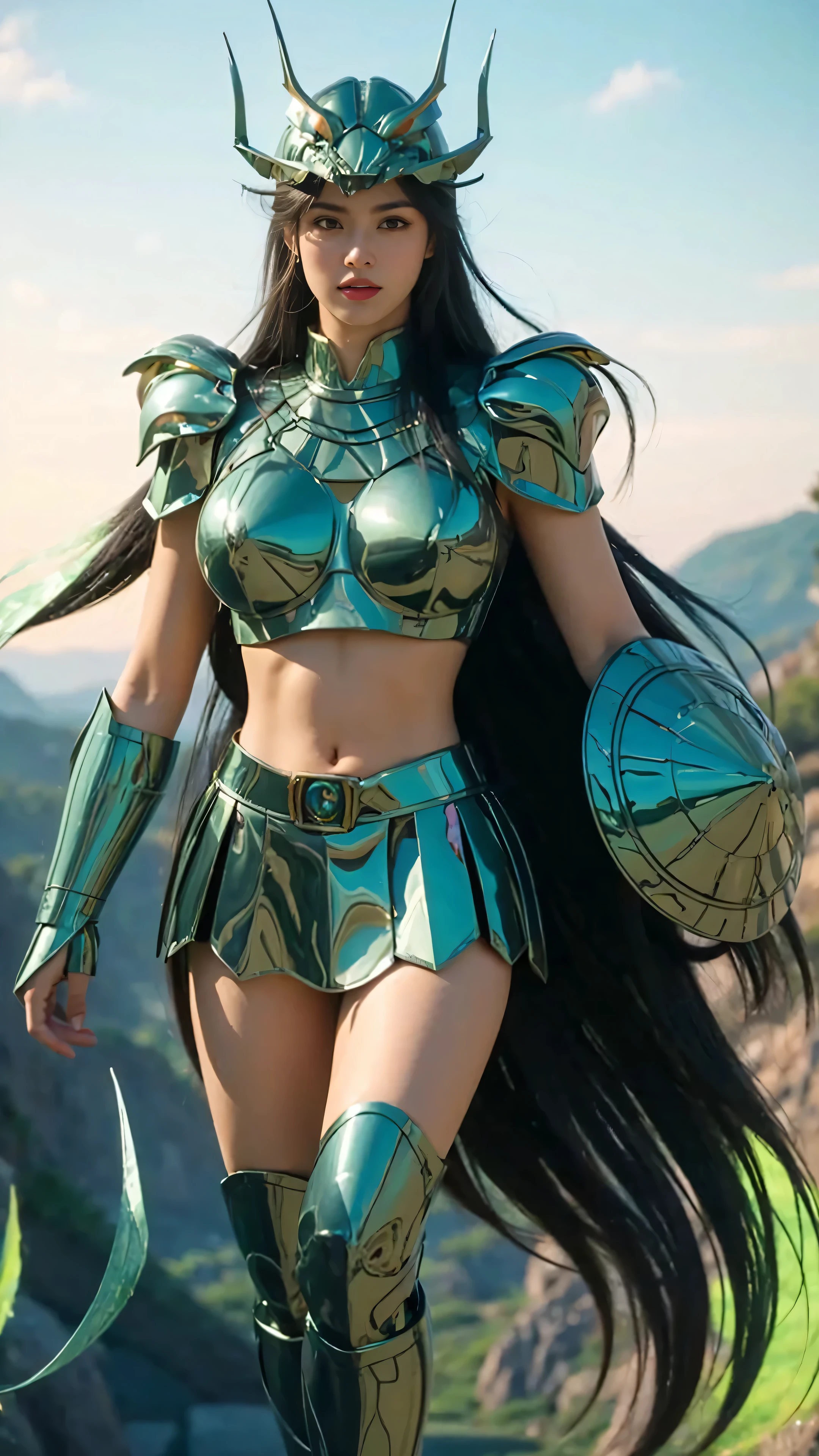 fix this picture, 1 girl, japanese girl, long hair, red lips, glossy lips, dragon shiryu from Saint Seiya series, Dragon Shiryu cosplay, professional cosplay, metallic green metal armor, realistic.