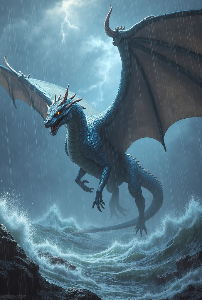 please create an image of this dragon Thalassarys, the Stormborn
- Appearance:Thalassarys has deep blue, almost black scales with hints of dark green along his wings and back, resembling the colors of the ocean at night. His eyes are bright yellow, feline-like. He is sleek and aerodynamic, built for long and swift flights.