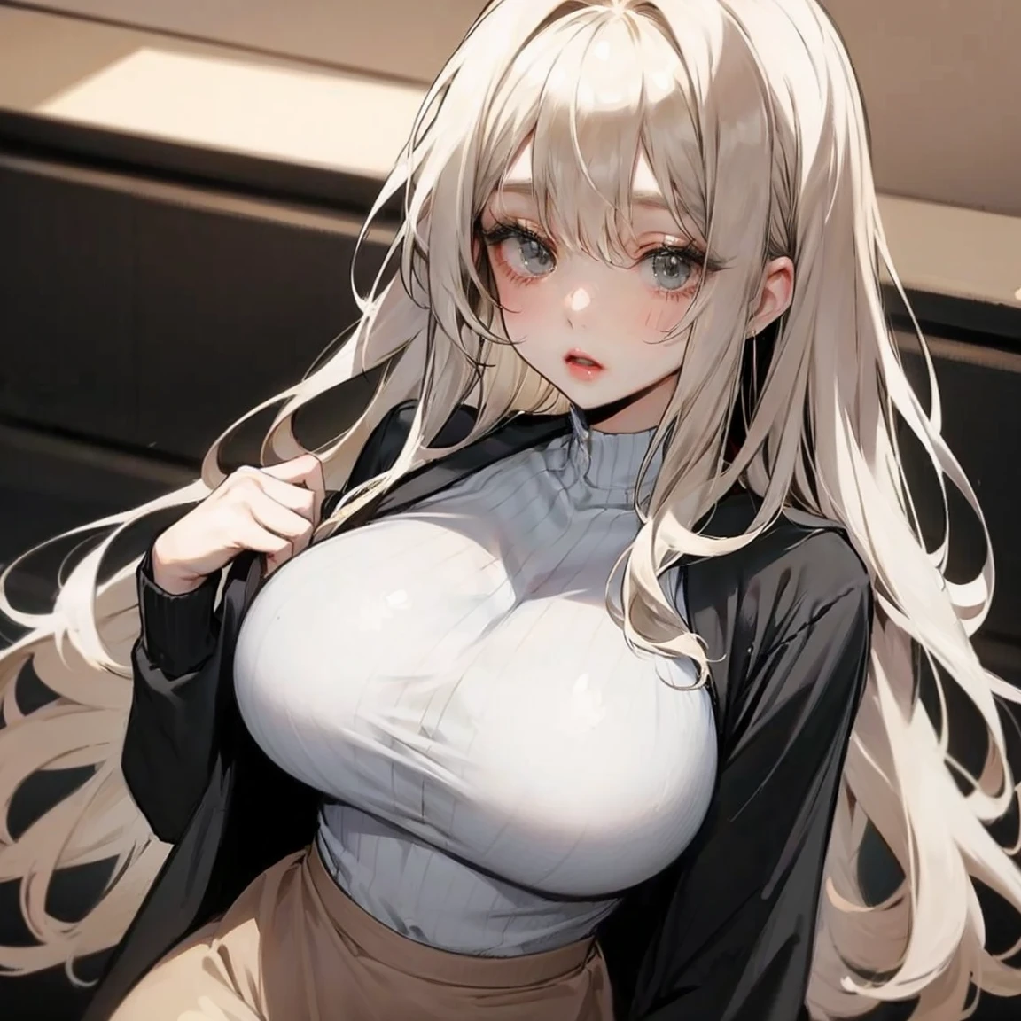 masterpiece, best quality, very aesthetic, absurdres, 1girl, shishiro botan, hololive, looking at viewer, upper body, two side up, messy hair, eyebrows, grey eyes, lion ears, large breasts, cleavage, alternate costume, cable knit, bare shoulders, outdoors