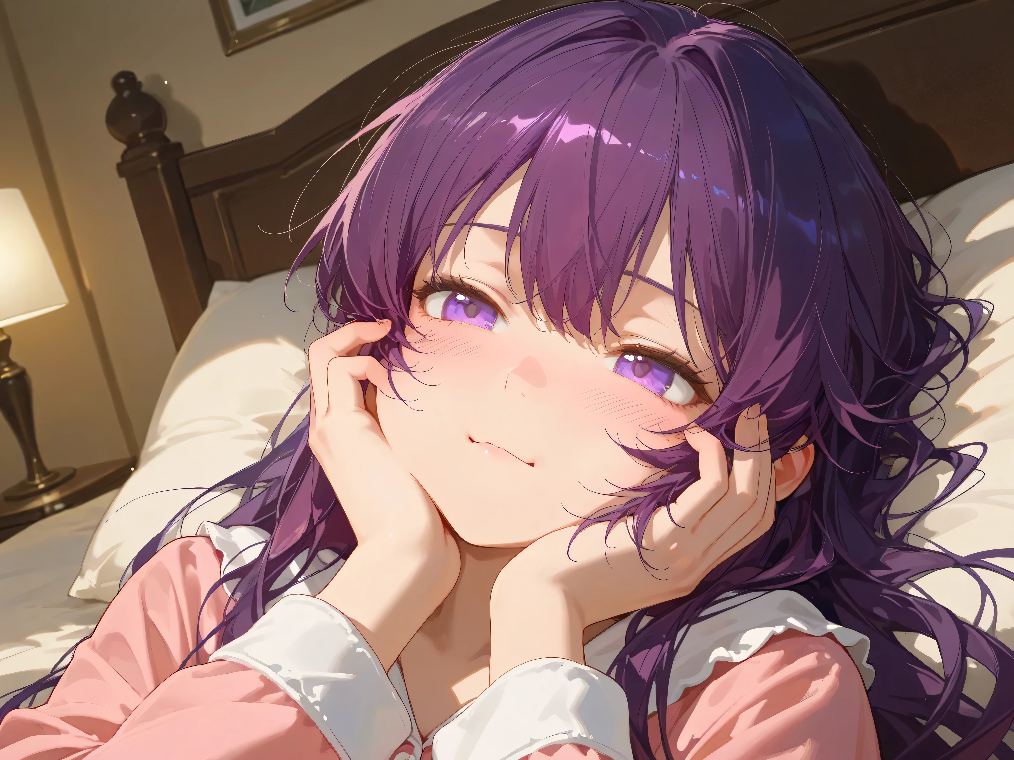 beautiful woman,purple hair,pajamas,Bedroom,bed,Heartwarming,relax,relax,Vaguely,Blush your cheeks in a hurry ,grace,soft light,soft colors,natural expression,Thinning,Elegant,Feminine,portrait,High Quality,4K