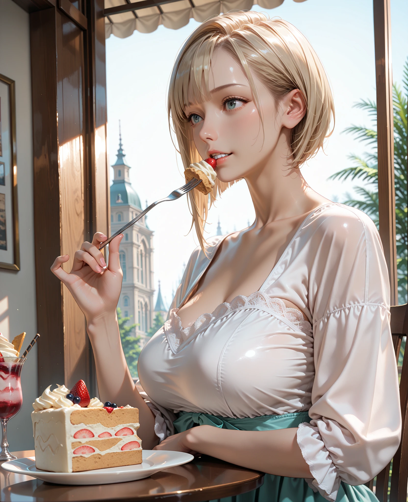 Masterpiece, Highly detailed, (tchibi:1.3), , (1girll), Blonde hair, Pastel colors, Cozy atmosphere, Dessert display case, macaron, Cupcakes, pastie, Cupcakes, Coffee machine, Blackboard menu, Natural lighting, Glass jars filled with candy, Frosted window glass, Decorative panels, Whimsical decoration, Sugar carving,   huge tit，gigantic cleavage breasts，