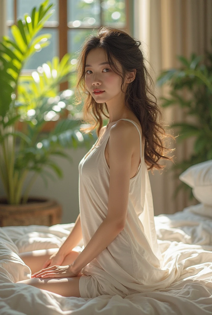 Naked woman sitting on a sofa in the living room、The woman is a 2 Japanese woman.、Fashion model body type、In capital letters "luna" Written、Holding a fairly large pillow, Smiling sweetly at the viewer, Full Body Shot, Cinema Lighting、Brown Hair