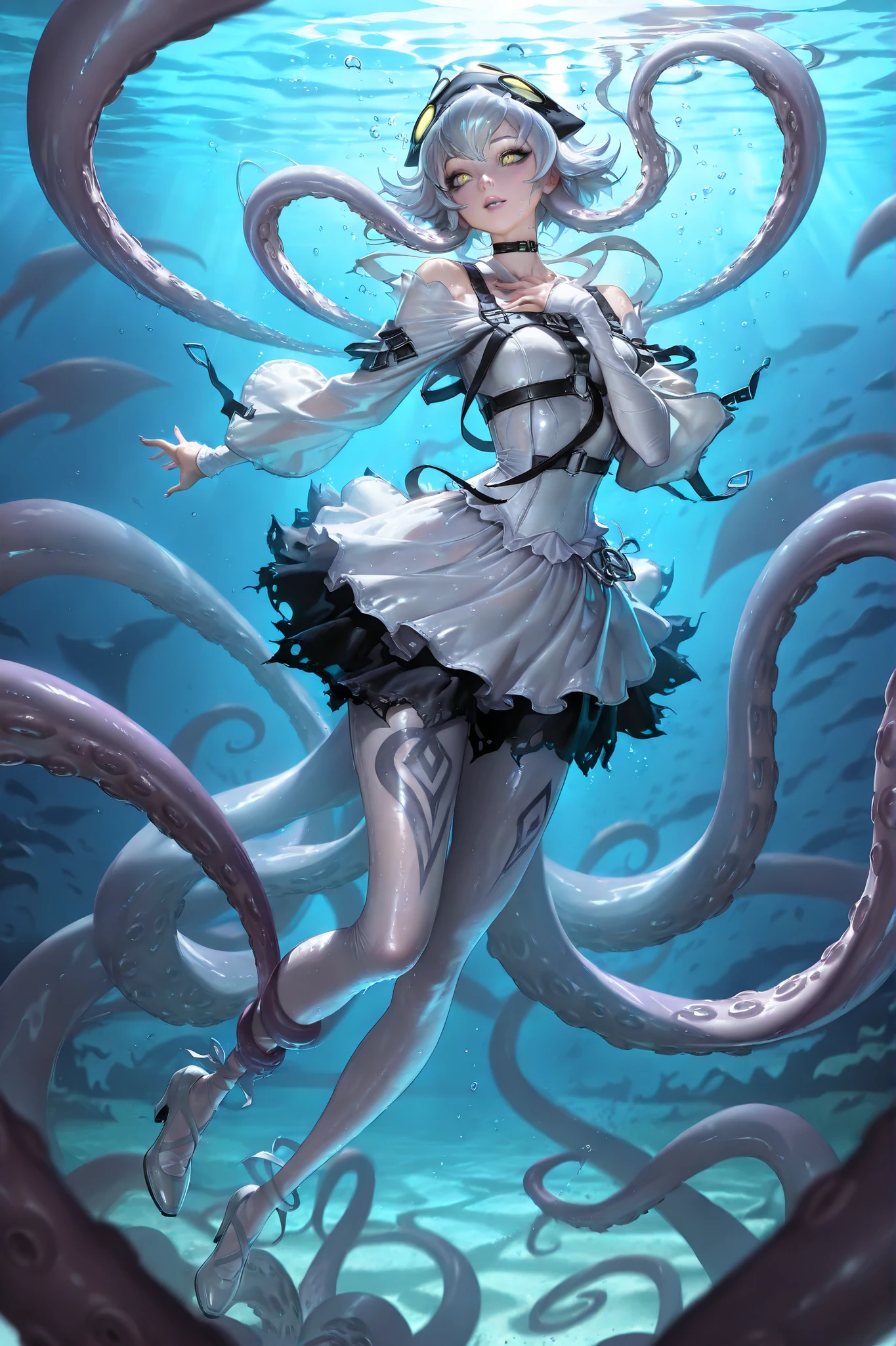 (masterpiece, detailed:1.2),(squid girl,scylla, monster girl, tentacles, suction cups,)(L0LSPL4SH,)(tangobat:0.7),(Sakimichan:0.7)(High CT quality,4k,High resolution,main piece:4.3),Very detailed,Realistic:1.37,Best quality,masterpiece, high resolution,on_body, Tyndall effect,photorealistic, Edge lighting, Two-color lighting,(high definition skin:4.3), (8K UHD, DSLR quality, soft lighting, high quality, surround lighting, sincere, de 8K , 4K, 8K.) Monster girl octopus or a kraken. She has jet-black ,wet, glossy skin. she has a grills on her neck. She has four yellow eyes with a horizontal pupil. She has longest black octopus tentacle hairstyle, tentacles of her hair are wriggling in the water. She has a tentacle tail. She is wearing a long snow-white Gothic-style dress with long straitjacket sleeves. She wearing a white tights and white Mary Jane shoes. There are ribbons of torn bandages around her neck and legs. In the background: a dark flooded Gothic castle underwater overgrown with corals and algae, small silver fish swimming in the water, water bubbles.