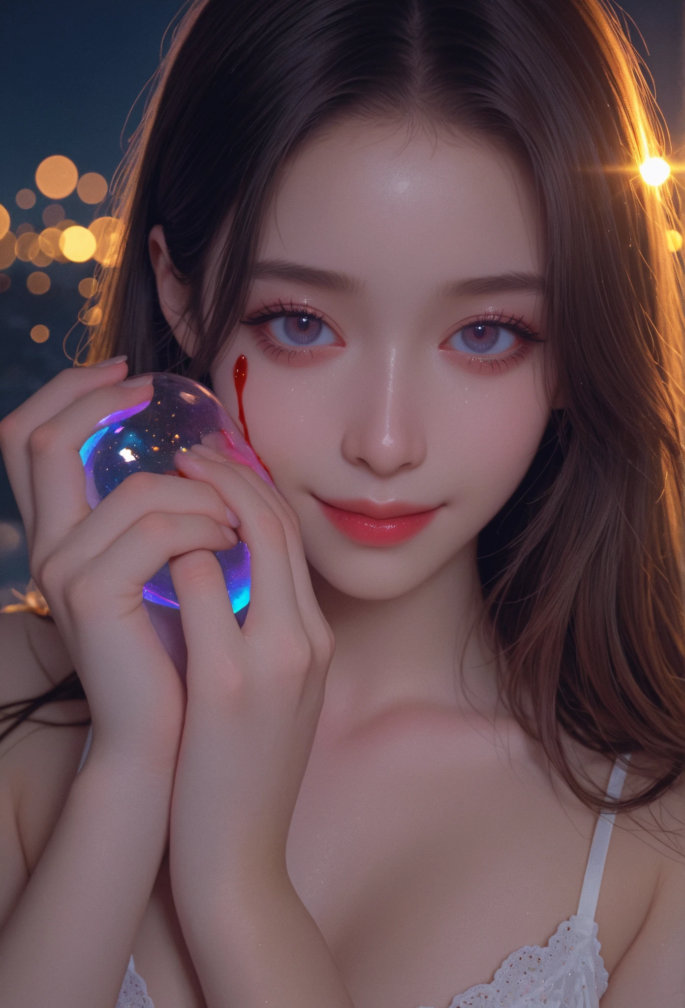 Ultra-high resolution，高清detail, Seven-hit shooting, 18 years old, Wearing transparent sci-fi clothes, Exquisite face, detail, hand, ultimate detail, Stunning magnificence, LED interior lighting, Pedepin (Pedaipan) style, Fiber Hair, Glowing red iris, Glowing red iris, sit,