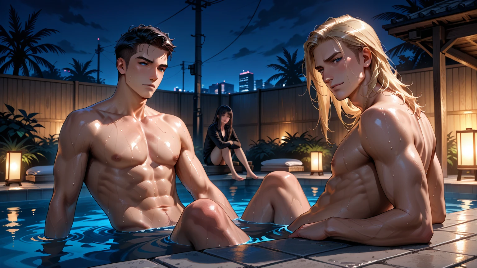 A tall, handsome, statuesque, courageous adult man is platinum blonde, he has blue eyes, tanned skin, long straight platinum hair, long bangs, he is sitting in a jacuzzi with an incredibly beautiful young blonde femme fatale, she has blue eyes, long golden hair, an incredibly seductive body, beautiful breasts with pointed nipples, with large pink areoles. he hugs her, kisses her. romance. They are naked. They are in love with each other.