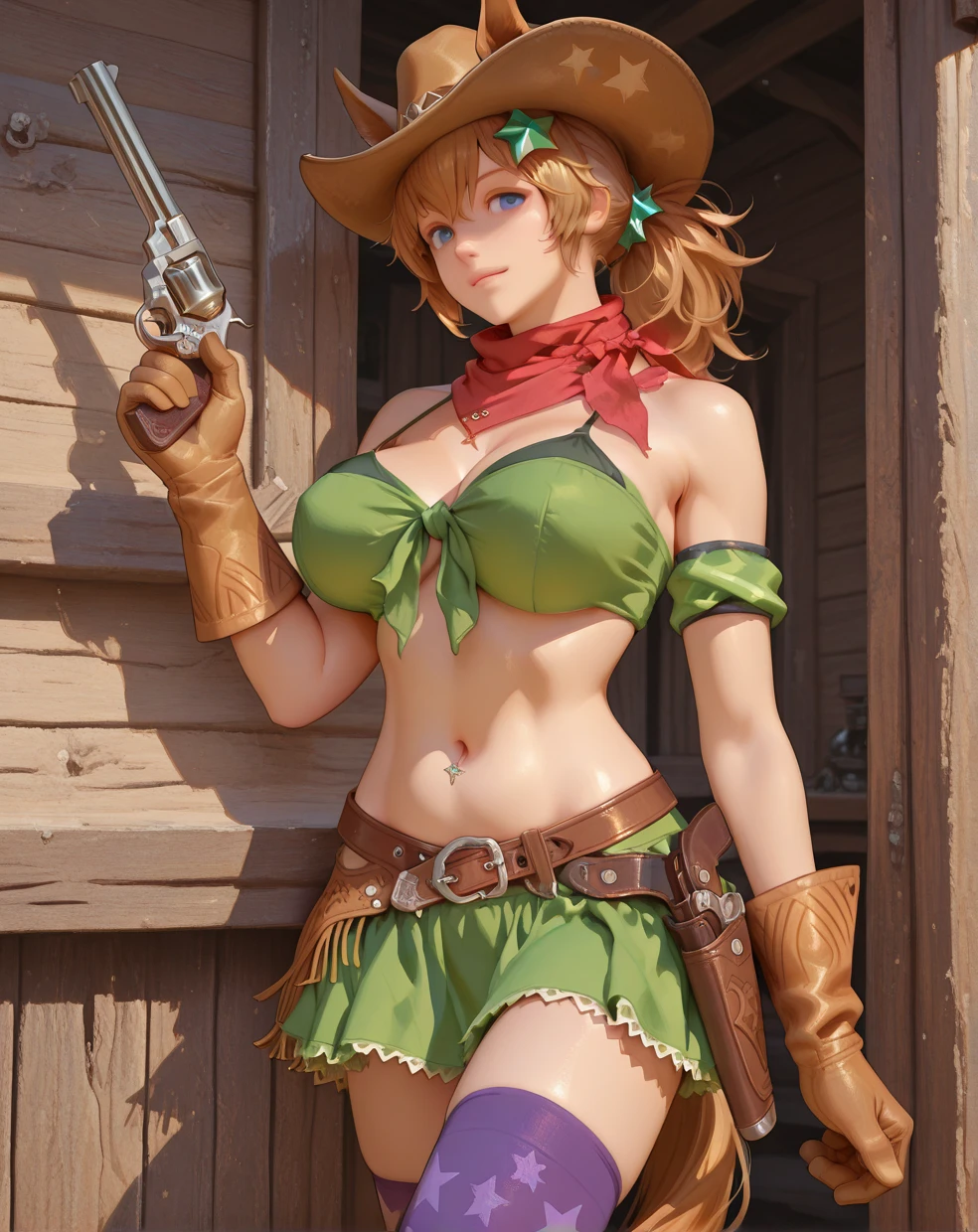 8k, masterpiece, best quality, realistic, higly detailed, cowboy shot, 1girl, solo, Yotsuba Nakano, fair-skin, teenage girl, short straight hair that stops just around neck, light-orange hair, bunny ear-shaped ribbon, dark blue eyes, average height, well-endowed figure, large breasts, Assassin's Creed