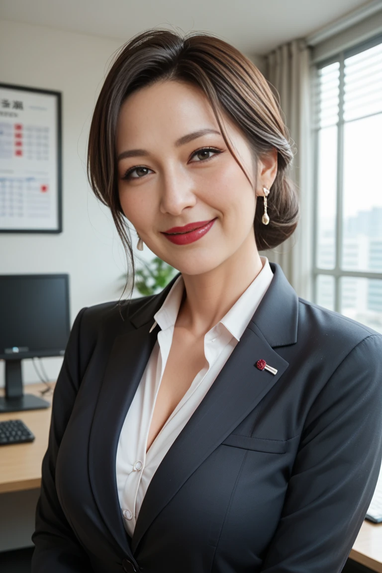 (8k, best quality, masterpiece:1.3), (Japanese beautiful mature woman, 35 years old:1.2), A Japanese beauty is seducing in the form of a black bunny girl, rabbit ears_bluck, Bunny suit, corset, bow tie, high cut, grin, long hair, hime cut, (huge breasts:1.2),