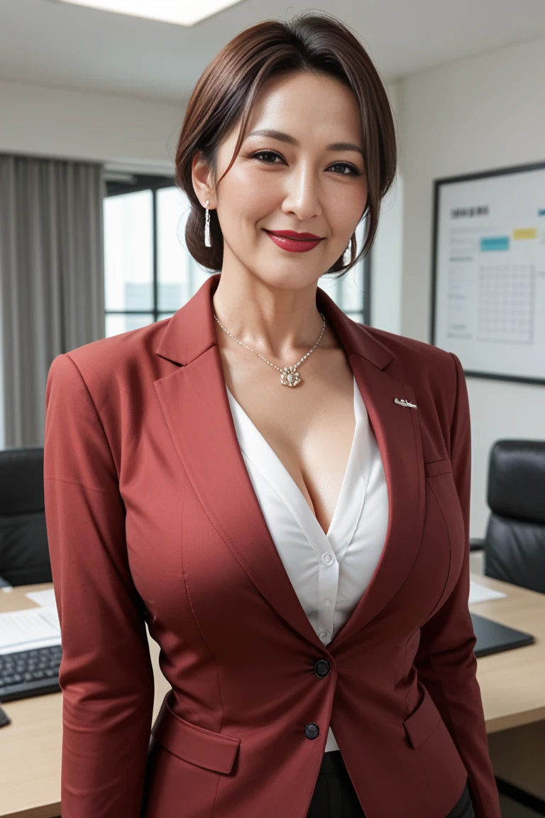 Best quality, masterpiece, ultra high res, in an immigration office, (photorealistic:1.4), smiling, one beautiful woman,),((sweaty)), (red blazer), grey skirt, cleavage, sitting, Spread your legs apart,big ass,medium breasts, detailed nails, thick pubic hair, nakeness, bottom view