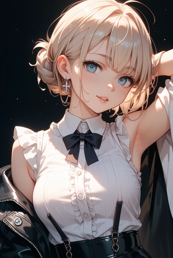 (masterpiece:1.5), (Medium breast), 1 girl, young woman, (beautiful girl:1.5), (Highly detailed and delicate anime faces and eyes:1.5), whole body, (Natural light, High resolution, Highly detailed CG:1.3), (Dynamic posture:1.3), {Perfect body anatomy}, (Beautifully detailed face), (Beautiful attention to detail),Single Focus, (Slender and beautiful girl), Beautiful Lips, Thick lips, {Surreal}, {Correct posture}, {Detailed clothing}, {Bright Eyes}, (Cleavage: 1.3), (Small Butt), {accessories}, {sexy}, {One person}, (school uniform: 1.5), High school student clothing, (Summer clothes: 1.5), blouse, Short skirt, (Short skirt: 1.3), (Thigh high pantyhose: 1.3), Black Pantyhose, blouse, Ribbon tie, Lace collar with tie, High heel boots, Earrings, necklace, hair band, Hair Clip, (A light smile: 1.3), Short Hair, (Two-tone hair: 1.5), (Blonde: 1.5), (Pink Hair: 1.3), (Green Hair: 1.2), (blue eyes: 1.3),