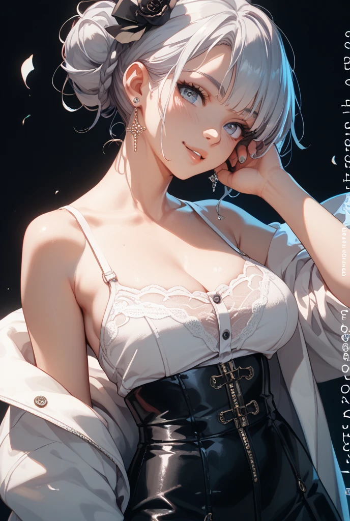 (sharp focus:1.2), masterpiece, ultra detailed, cinematic lightings, volumetric lighting, attractive young woman, (beautiful face:1.1), detailed eyes, luscious lips, (perfect body:1.2), perfect breasts, round breasts, upper body, (wavy hair:1.2), wearing (white suit:1.2), (commader suit:1.2), (mdeal:1.4), (detailed colored necktie:1.3), (open suit:1.2), off shoulder, bare shoulder, perfect shoulder, detailed collarbone, perfect collarbone, bare neck, (exposed bra:1.1), (light rays:1.2), depth of field, bokeh, 4K, HDR. detailed iris, sparkle eyes, star in eyes, enchanting pink eyes, (multicolored eyes), (shining dust), (pink hair:1.3), (messy hair:1.3), (hair between eyes), (hair over one eye:1.2), (wavy hair:1.1)