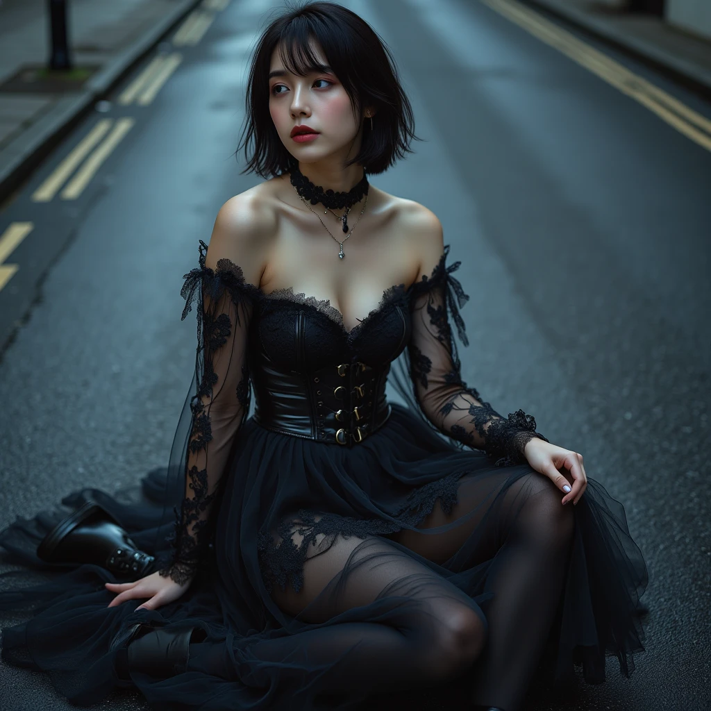 ((8k, masterpiece, best quality), ultra high res, best shadows, illustration, high detail, extremely detailed,
1girl, girl, (((high heels))))), pantyhose, solo, looking at the viewer, (beautiful detailed gothic black corset,) thick legs, extremely wide hips,, curvy, (thin waist), neckline, thigh strap, revealing clothes, revealing clothes, ((exposed stomach, squat, out)), worried, naked ombo, close-up
