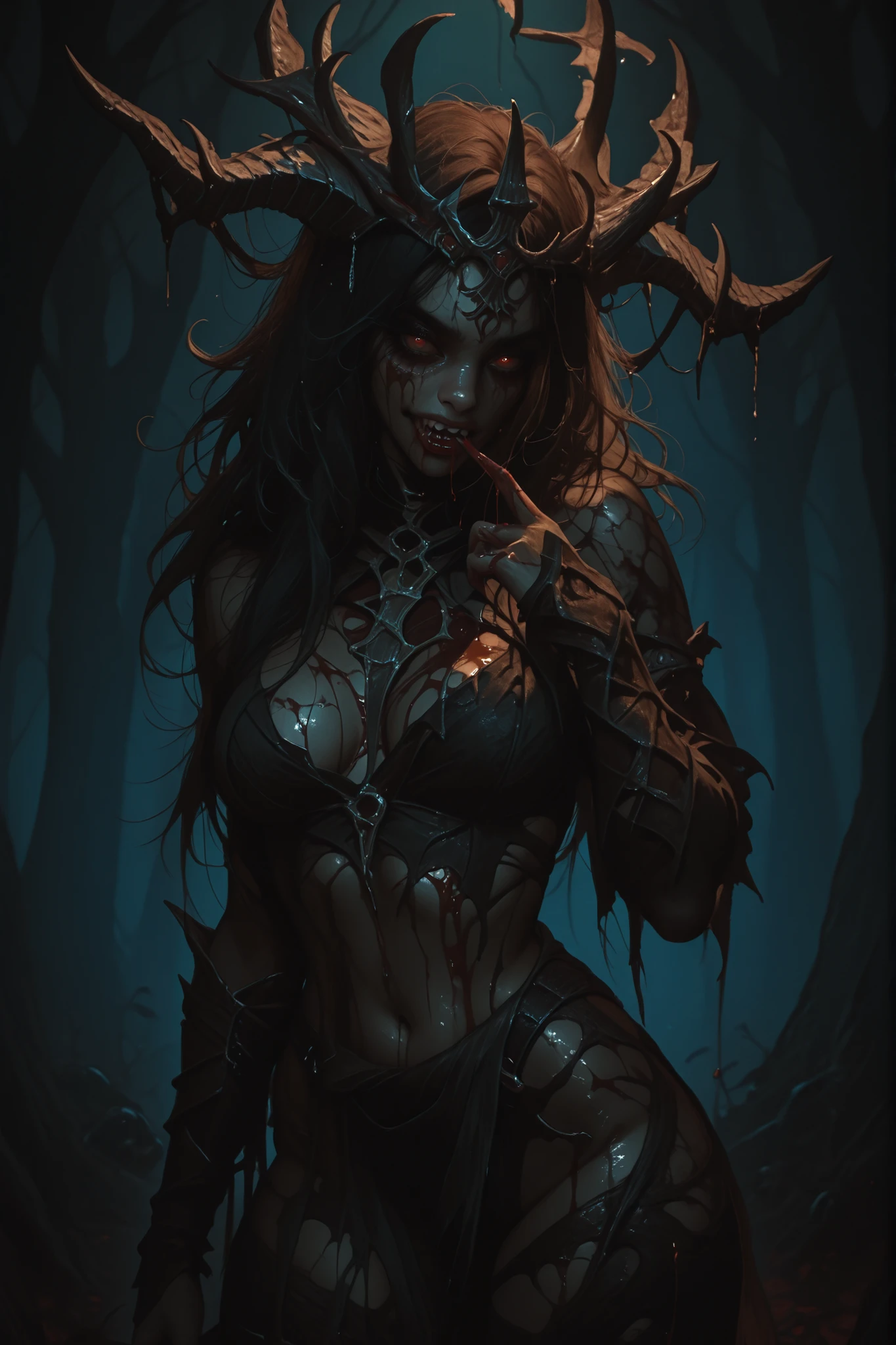 "A terrifying, shadowy creature lunges at Sarah and Jack. Its form is dark and smoky, with glowing red eyes and long, clawed hands. Sarah is screaming and swinging a branch, trying to fend off the creature in a chaotic scene."