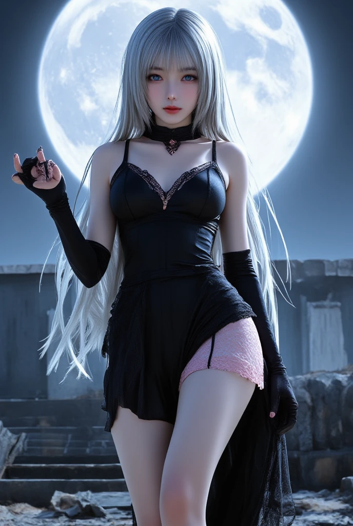 vampire(white hair, wearing a miniskirt, beautiful woman, T-back, I can see my underwear, long bangs), background (ancient city, moon)