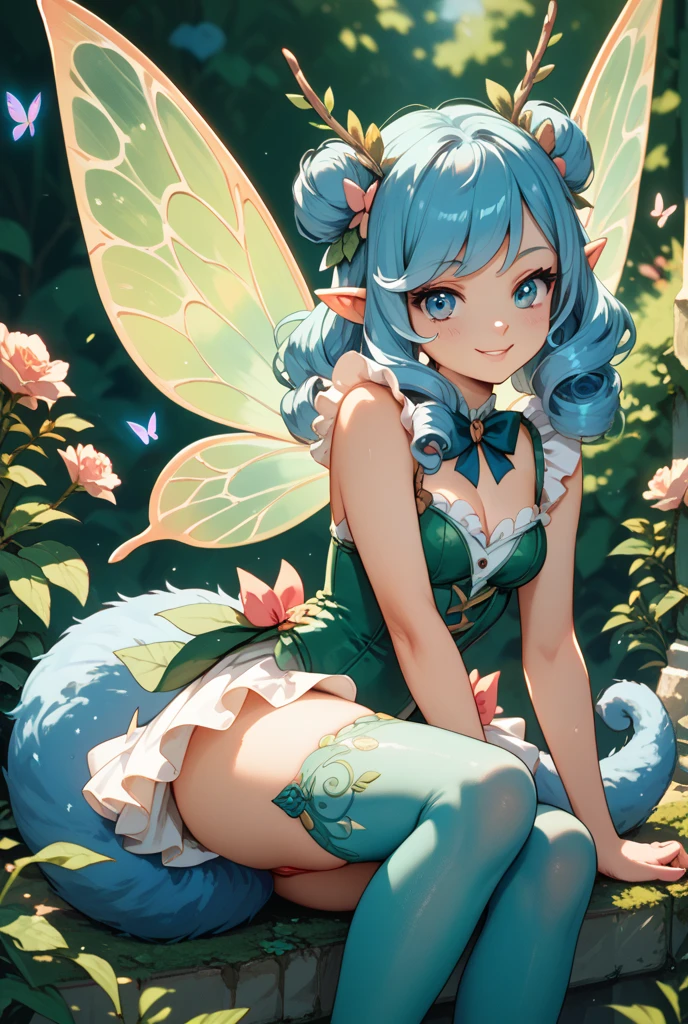 Best Quality, mesa, cute fairy girl, fairy wings, long light blue fur、two-tailed、En la mysterysa jungla, foliage, Tropical, kawaii, mystery, magical, Animales míticos y mariposas mysterysas., Exotic flowers
