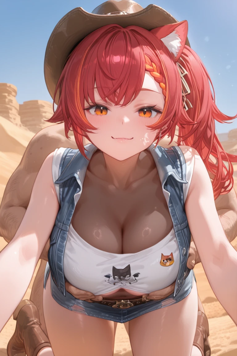 8k, hd, (((masterpiece, best quality))), chixiadef, red colored hair, single braid, thighhighs, sleeveless jacket, open clothes, single thighhigh, asymmetrical legwear, bow, commissioned art, fanart, official artwork, sweet girl, outgoing personality, desert, wastelands, futuristic dystopian, ((big belly, massive belly, giant belly)), shocked, open mouth, (hands behind head:1.4), (solo:1.5)