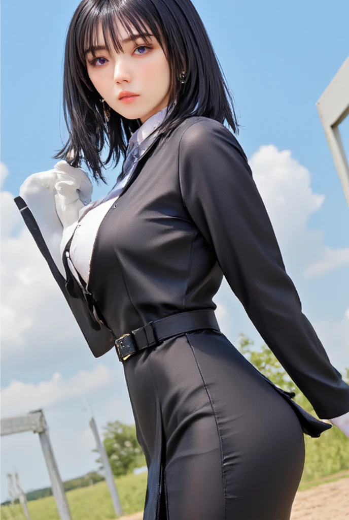 girl with, Beautiful retro colors, (Puffy eyes), Looking at the viewer, Full body (Best Quality, masutepiece: 1.2), (Realistic, photographrealistic: 1.37), (Sharp Focus: 1.2), Professional Lighting, Photon mapping, Radio City, Physically Based Rendering, (pale skin: 1.2), (tiny chest: 1.2), Looking at the viewer, (Medium Hair: 1.5),D-cups,a miniskirt、thighs thighs thighs thighs、 Portrait, Purple pupils , (Silver: 1.1), Bangs, (Simple background: 1.4), Solo, Upper body, Realism, (masutepiece: 1.4), (Best Quality: 1.4), (Fair skin), Mage's sister, makeup, Smile (Thin, Shut up, Shy: 1.3), (, Black flight attendant uniform, A Necromancer: 1.1), Medium bust, Sexy Pose,western building、hall、Background blur