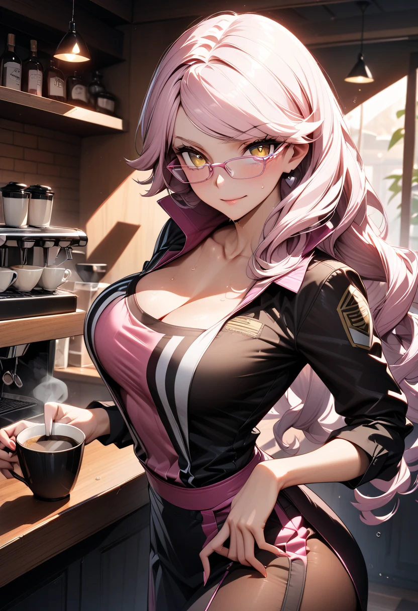 1girl, solo, black thighhighs, cleavage, uniform, office background, black skirt, bussines suit, ((pleated skirt)), office, hair between eyes, long hair, looking away, pink , white hair, blue eyes, solo, very long hair, ((masterpiece)), indoor, smile, ((blush)), sexy pose, blush, black ribbons , sunglasses , cup of tea