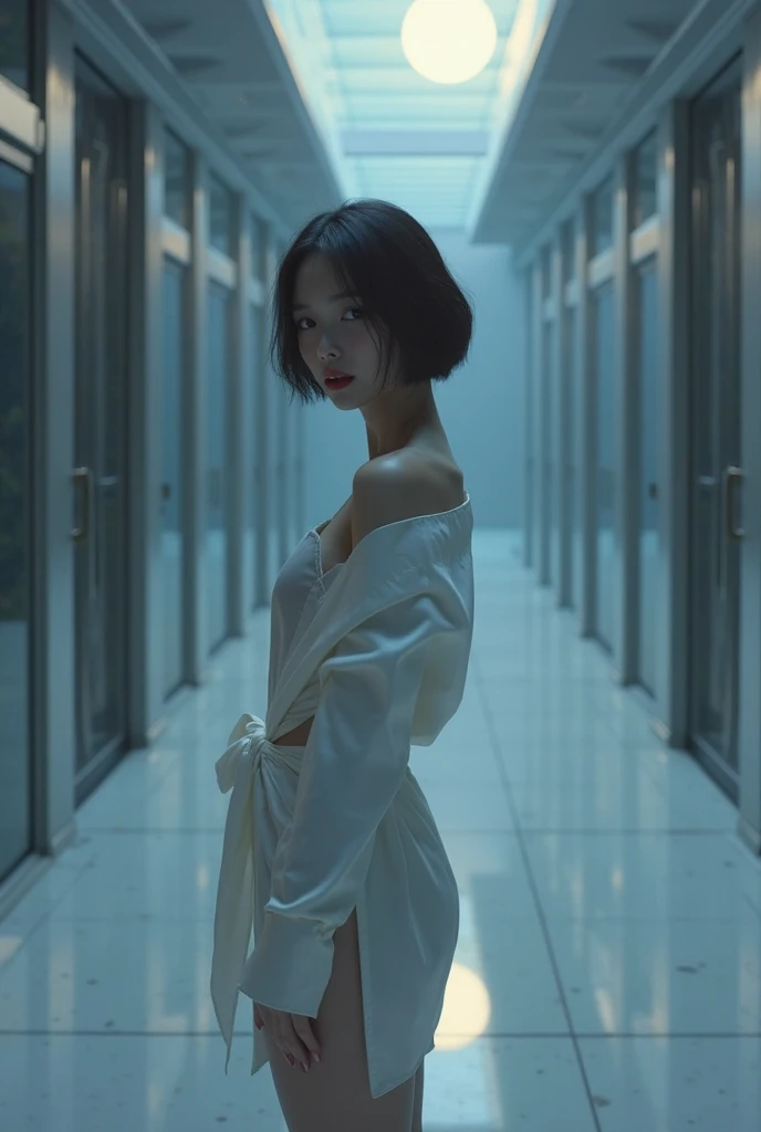 highest quality、Super detailed、8K Photo、Real Photo:1.6, "Thin woman, Standing in a dimly lit room. She is wearing a short-sleeved shirt、The fabric fits snugly to the body.。. The room is dark, The only light was from a small lamp in the corner.. Female figure silhouette, The outline of her body emerges in the dim light. Her hair is long and black, Gathered in a loose ponytail. She doesn't move, Like a statue in the dark."