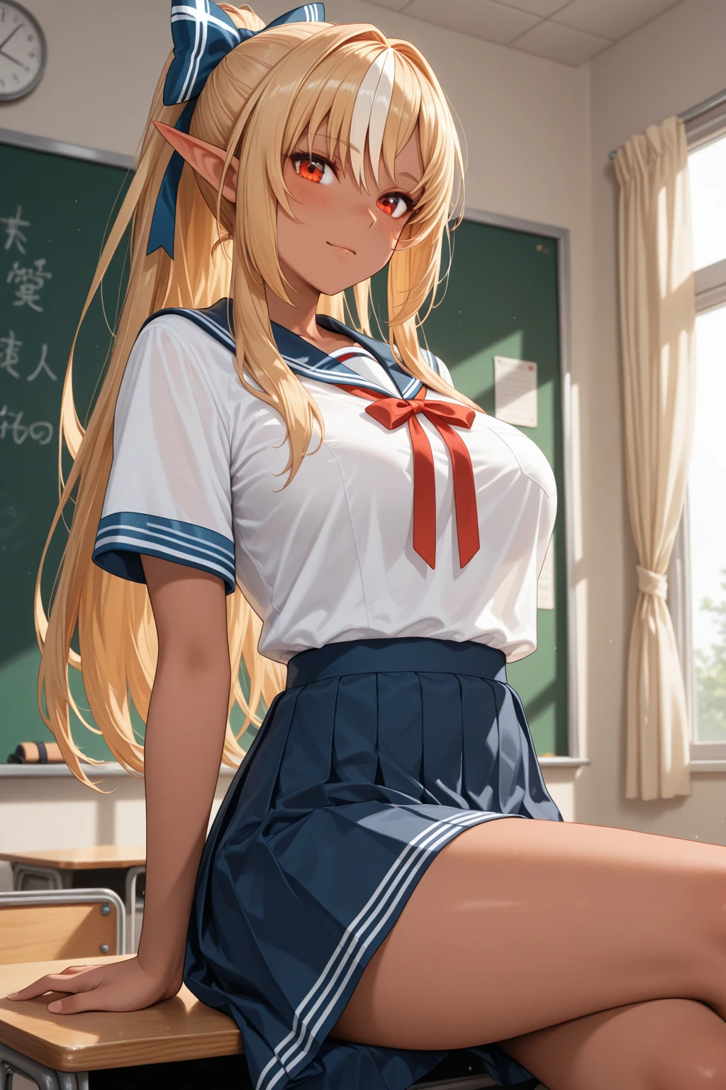(Anime works, Anime Style, Studio Anime, Very detailed, Latest, Vibrant, Anime Coloring, High Contrast, masterpiece:1.2, Highest quality, Best aesthetics), A woman wearing a sailor suit, Pleated skirt, Big Breasts, hair accessory, Thighs glimpsed,White see-through panties、 blonde, Straight long hair, Perfect proportions, Skin with attention to detail, cute, Detailed face, Random sexy poses, School classroom, Accurate Fingers,